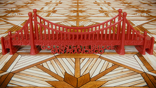 golden gate bridge, blender, 3d, toys, red, wood floor, blender 3d