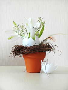 påske, urtepotte, blomsterarter arrangement, påskeæg, kunst, æg, dekoration
