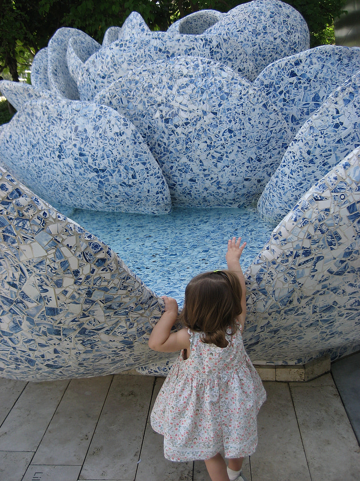girl, fountain, water, toddler, dress, blue, touch