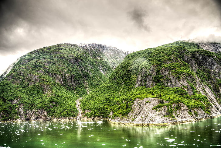 hdr, tracy arm fjord, alaska, juneau, mountains, scenic, snow