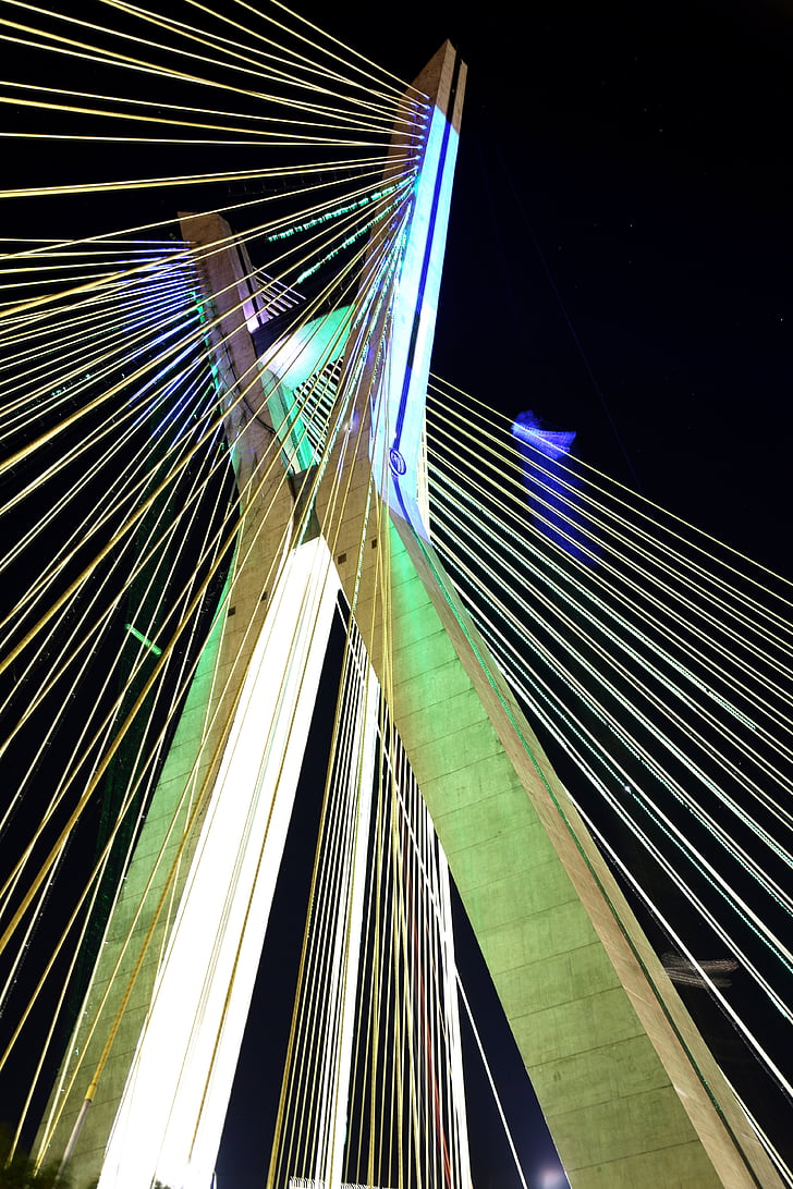 Köprü, kabloları üzerinde askıya, São paulo, mimari, kartpostal, Işıklar, gece