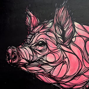porco, animal, mamífero, obra de arte, grafite, desenho, pintura mural