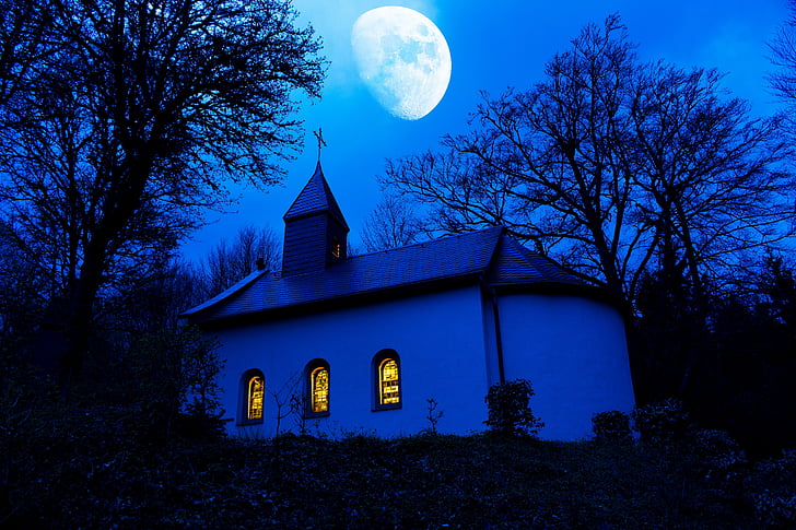 Capela, fotografia de noite, Heavy metal, rocha, lua, azul, místico