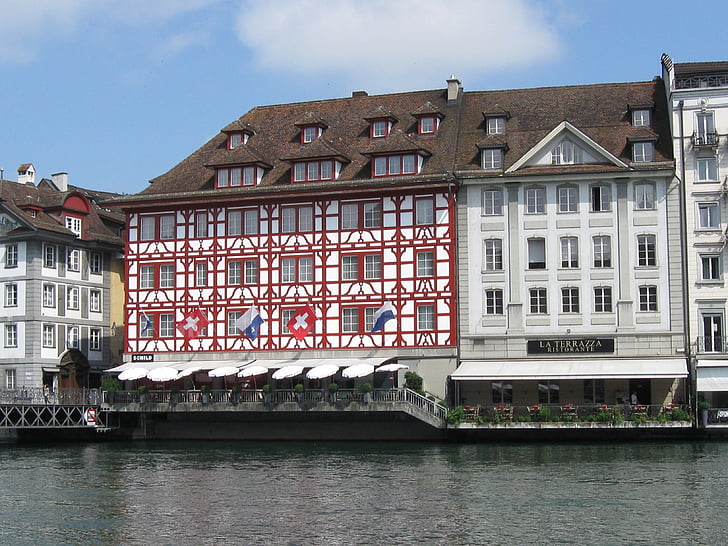Reuss, elven, Lucerne, Sveits, Swiss, Bridge, butikker