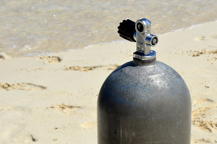 diving bottle, valve, scuba tank valve, alu, grey, empty, depleted