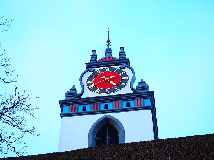 crkveni toranj, Crkva, toranj sa satom, Stadtkirche aarau, Aarau, crkvene zgrade, vrijeme
