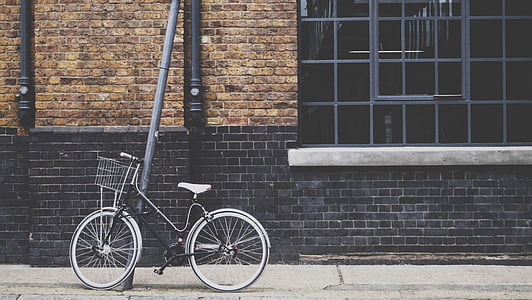 bike, bicycle, basket, bricks, wall, street, building