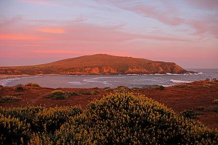 Bahía bodega, California, Cala de la herradura, Océano, montaña, puesta de sol, agua