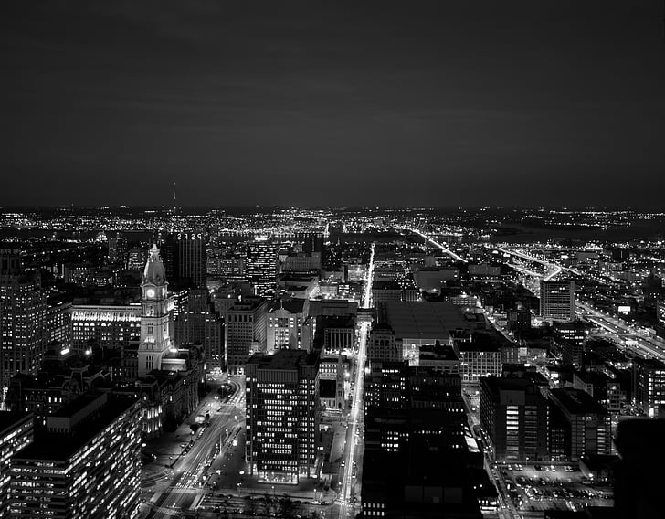 Philadelphia, stad, steden, stedelijke, skyline, hemel, nacht