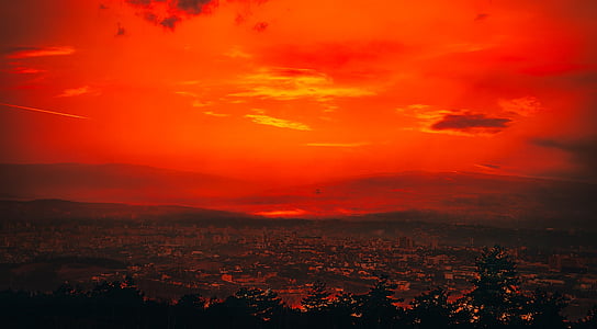 Cluj-Napoca, Romênia, cidade, urbana, Panorama, pôr do sol, Crepúsculo