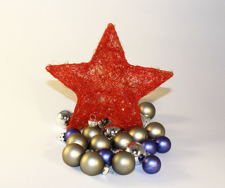 Star, røde stjerne, baller, gull, julepynt, Christmas, glaskugeln