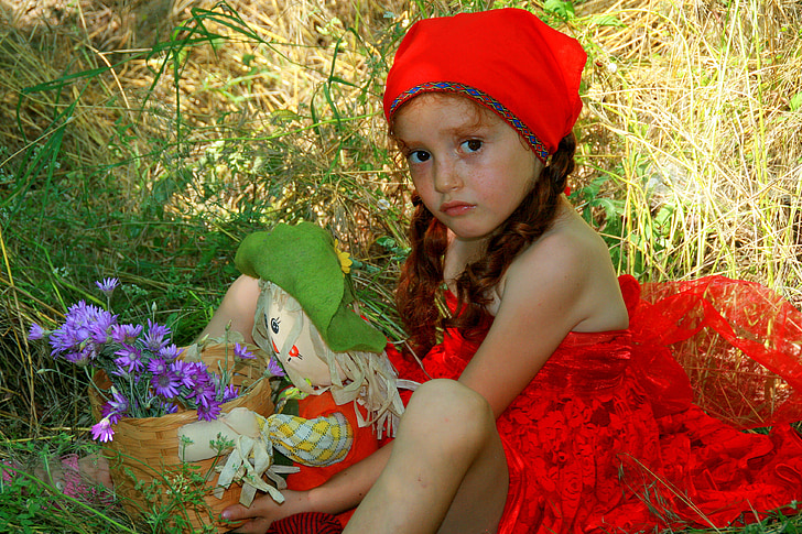 girl, red, little red riding hood, forest, basket, story