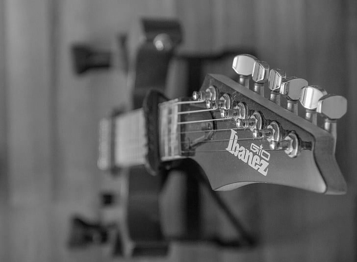 guitar, instrument, music, electric guitar, black and white, close up