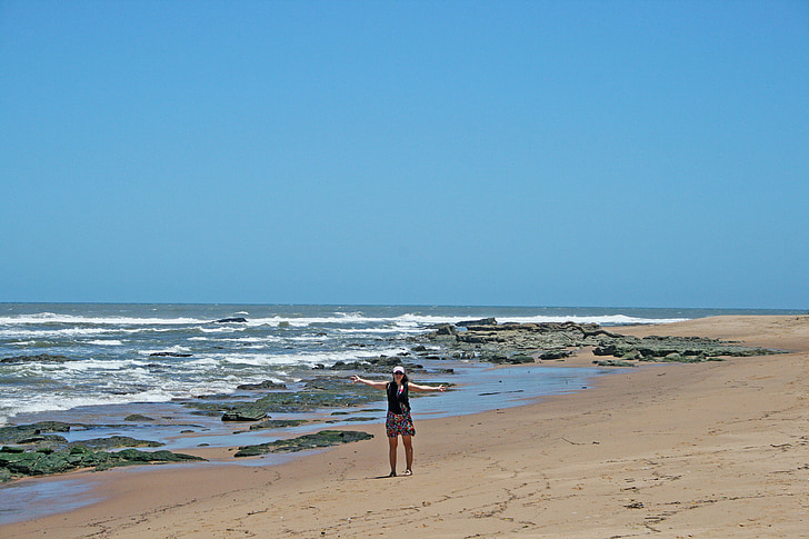 dama na plaži, more, valovi, Obala, plaža, pijesak, stijene
