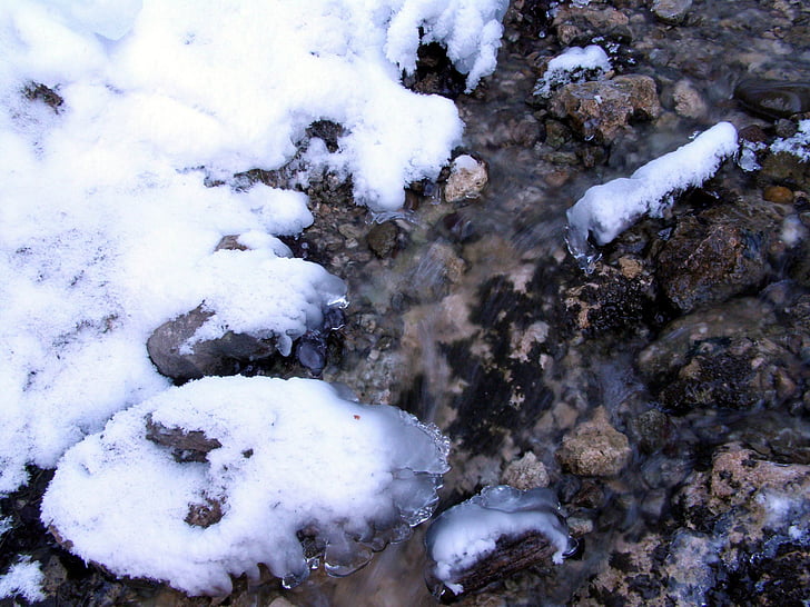 ice, water, stones, winter, moss, cold, snow