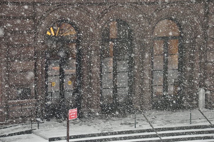 snow, public theater, building, snowfall, snowy, frost, nyc