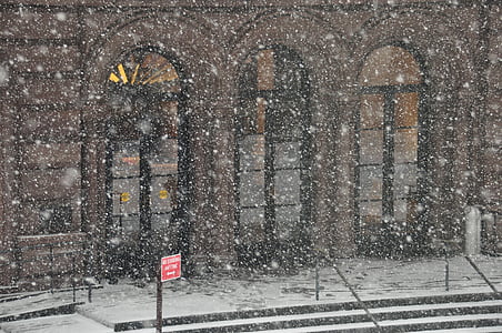 sniego, Valstybės teatras, pastatas, sningant, snieguotas, nuo užšalimo, NYC