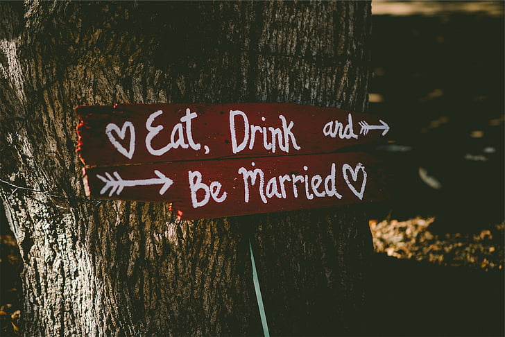 comer, bebida, casou-se com, tabuleta, casamento, amor, sinal