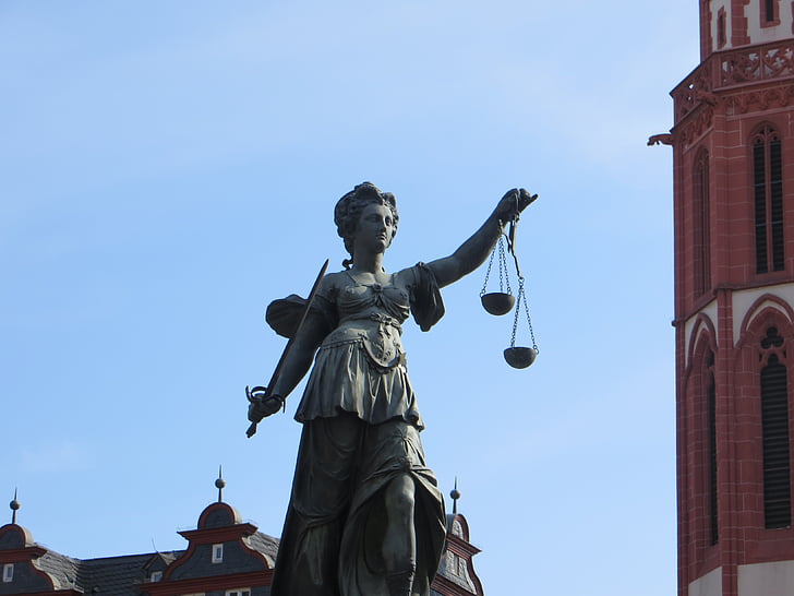 statue, horizontal, justice, justizia, city, frankfurt, skyline