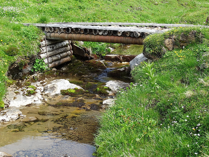Arroyo de montaña, puente, Puente de madera, naturaleza, paisaje de montaña, madera, troncos de los árboles