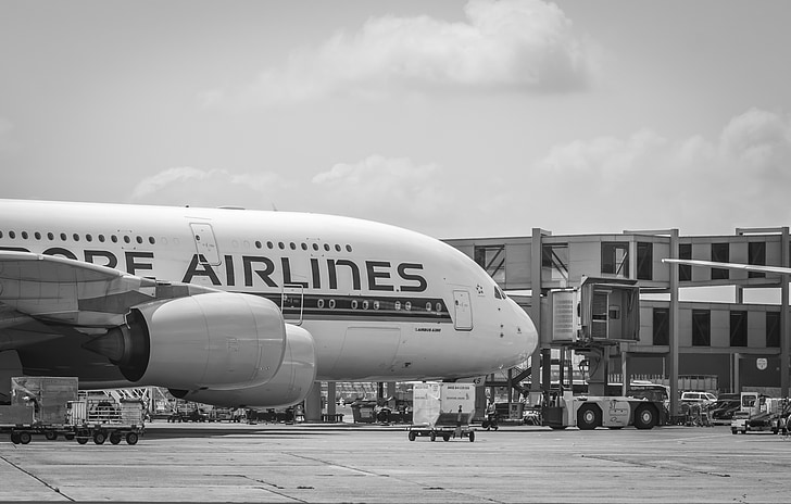 Luchthaven, Airbus a380, Frankfurt, het vliegtuig