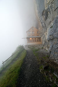 niebla, Cabaña, Casa, rocas, montaña, naturaleza, brumoso