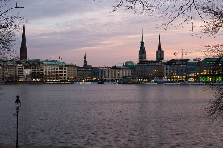 Hamburg, Alster, Jungfernstieg, abendstimmung, innenalster, arhitektuur, ehitatud struktuur