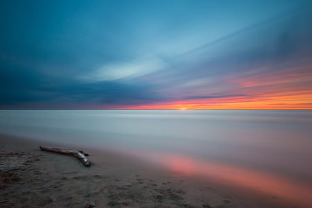 pludmale, klusums ūdeņos, krāsains, krāsainiem, rītausma, krēslas stundā, Horizon