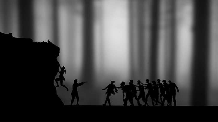 Zombies, silhouet, meisje, jongen, pistool, Halloween, eng