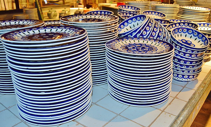 plate, bolesławiec, tableware, shells, stacked, gastronomy, equipment