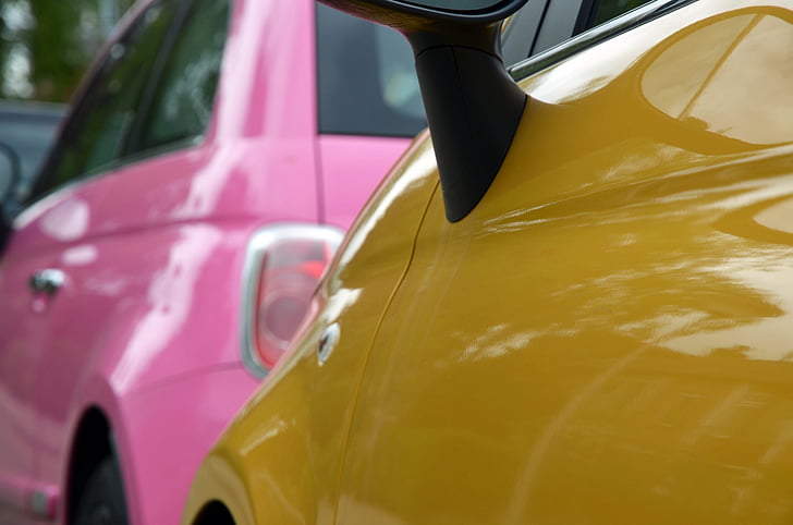Mini cooper, biler, trafikk, rosa, gul, glans, farge