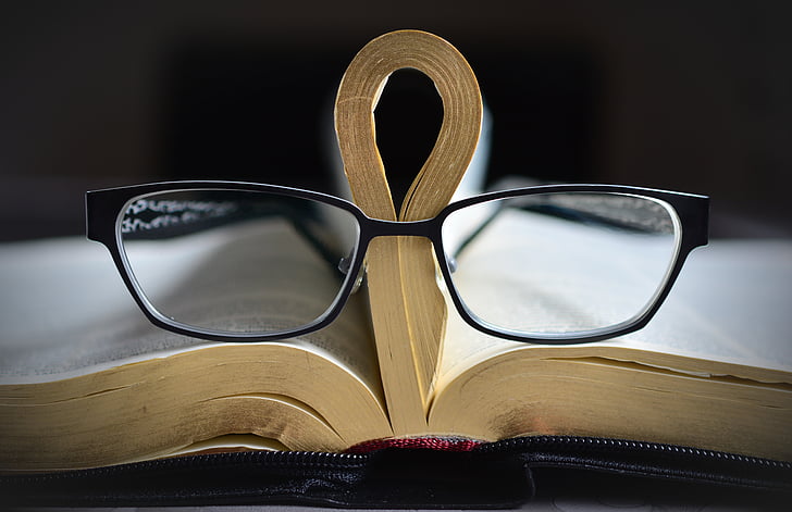glasses, bible, gilt edge, book, book pages, paper, literature