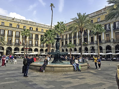 Barcelona, placa, primavera, fuente, Plaza de la ciudad, arquitectura, personas