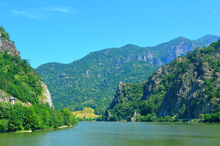 táj, természet, folyó, Románia, hegyi, az Olt folyó völgye, erdő