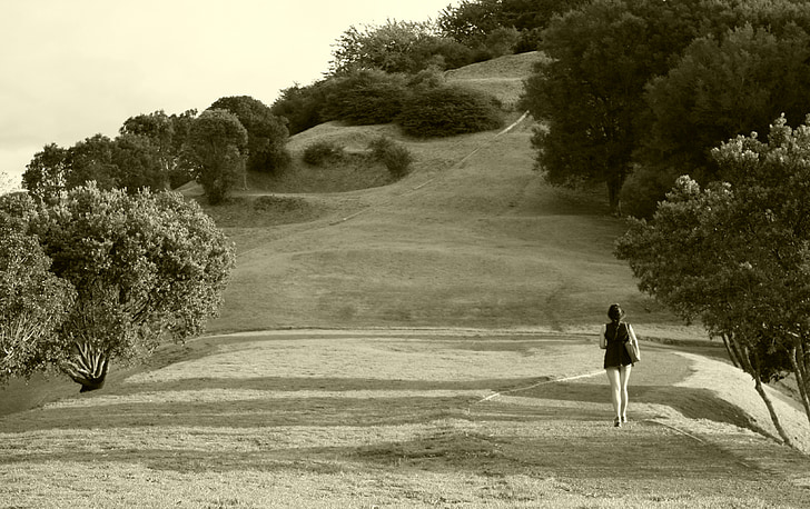 kvinne, gå, jente, natur, ettermiddag, One tree hill, ensomhet