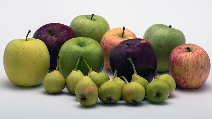 mrtva priroda, jabuka, kruške, šarene, voće, voće, hrana