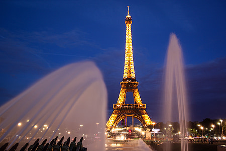 Paryžius, Eifelio bokštas, vakare, Prancūzija, naktį, Garsios vietos, Architektūra