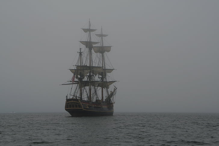skonnert, 3-mast, skipet, sjøen, tåke, seilfartøy, seilbåt