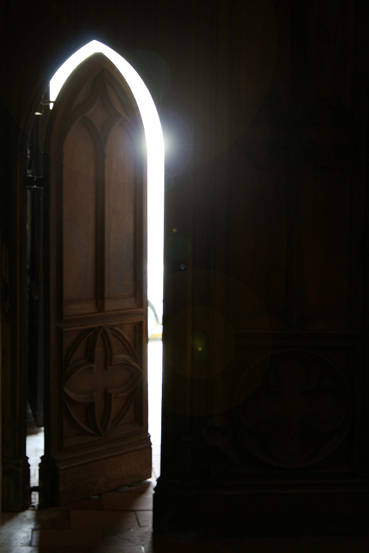 church door, reflection, light