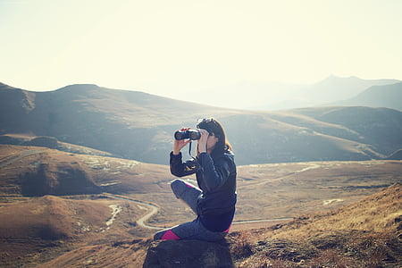 people, woman, binoculars, mountain, travel, adventure, hike