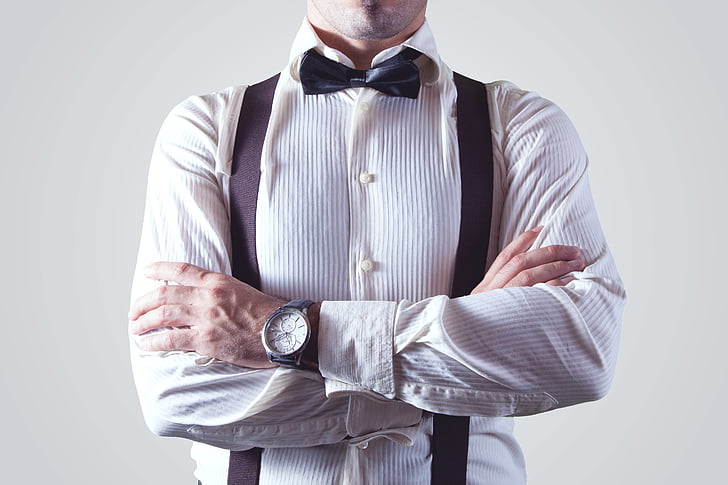 adult, arms crossed, braces, business, businessman, dickey bow, dickie bow