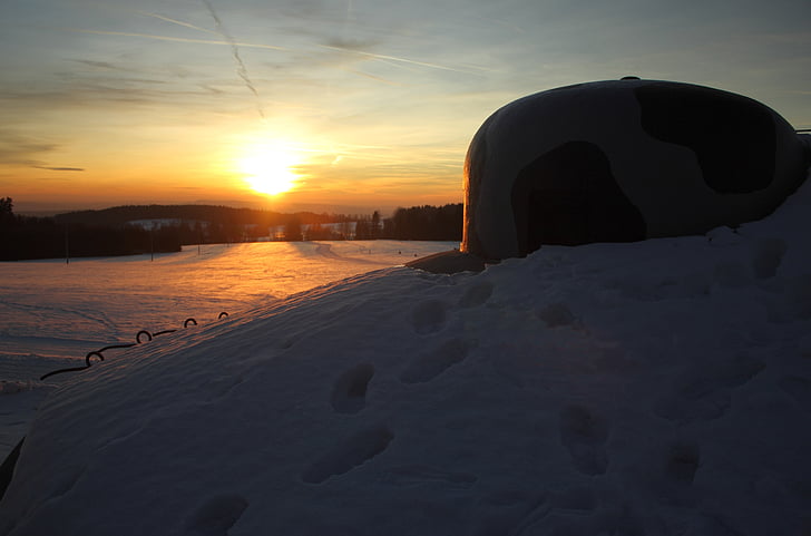 solnedgång, snö, bergen, Bunker, vinter, naturen, skymning