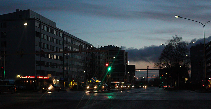 Oulu, Finland, bygninger, natt, kveld, Urban, lys