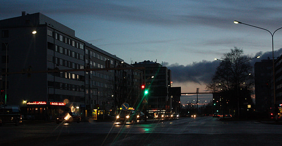 Oulu, Finnland, Gebäude, Nacht, 'Nabend, Urban, Lichter