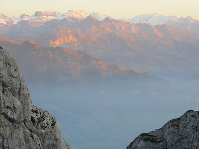 皮拉图斯, 瑞士, 山脉, 全景, 日落, 地块