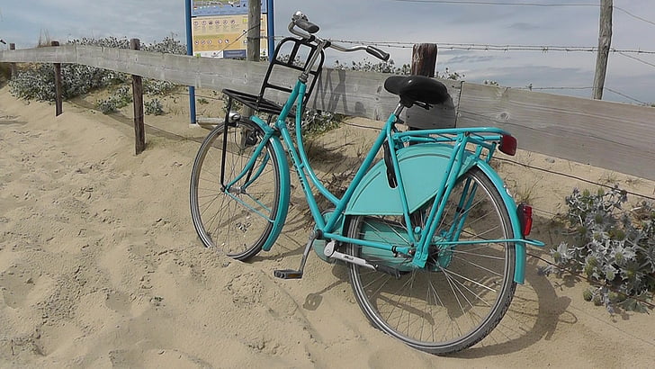 bike, turquoise, wheel, dunes, sand, north sea, sea