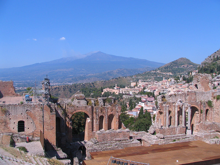 görög színház, Etna vulkán, Taormina, Szicília, Olaszország, építészet, történelem