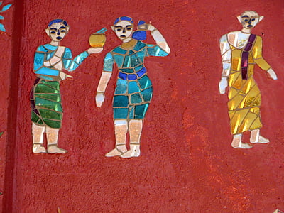 Laos, Luang prabang, DPH sen soukharam, Mozaika, nástenné maľby, znaky, príbehy