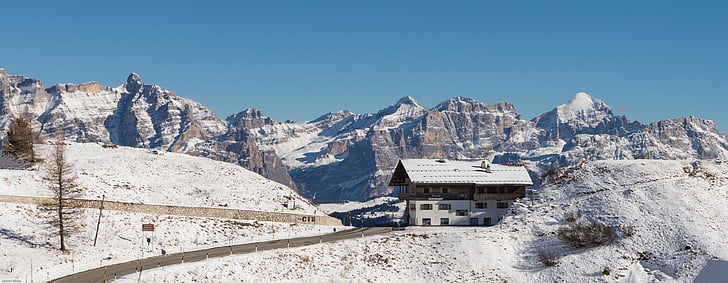 val gardena yoke, south tyrol, dolomites, mountains, winter, passports, alpine panorama