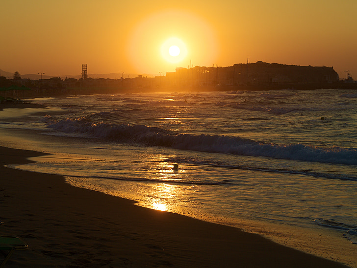 matahari terbenam, Crete, rhytemon, laut, hari libur, liburan, musim panas